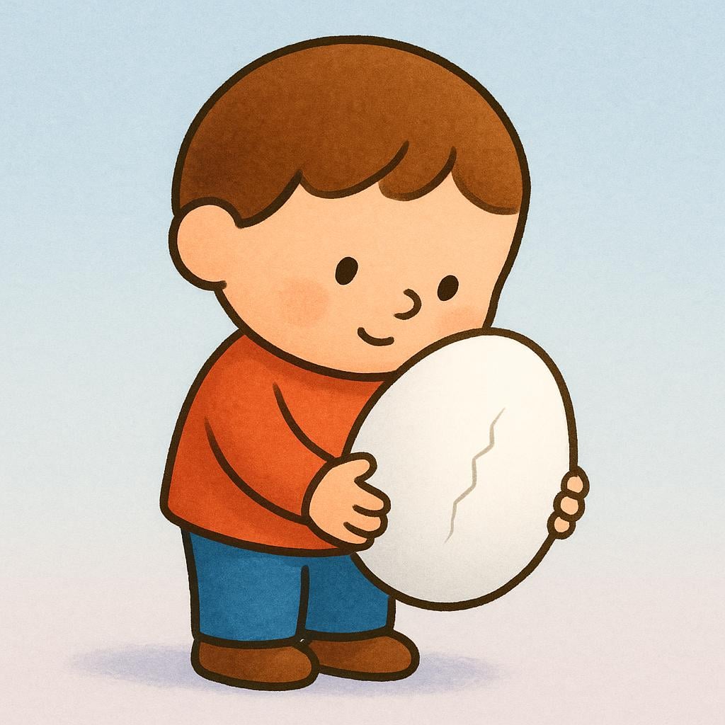 A small, simplified character holding a large, fragile white egg very gently in both hands, illustrating carefulness and caution.