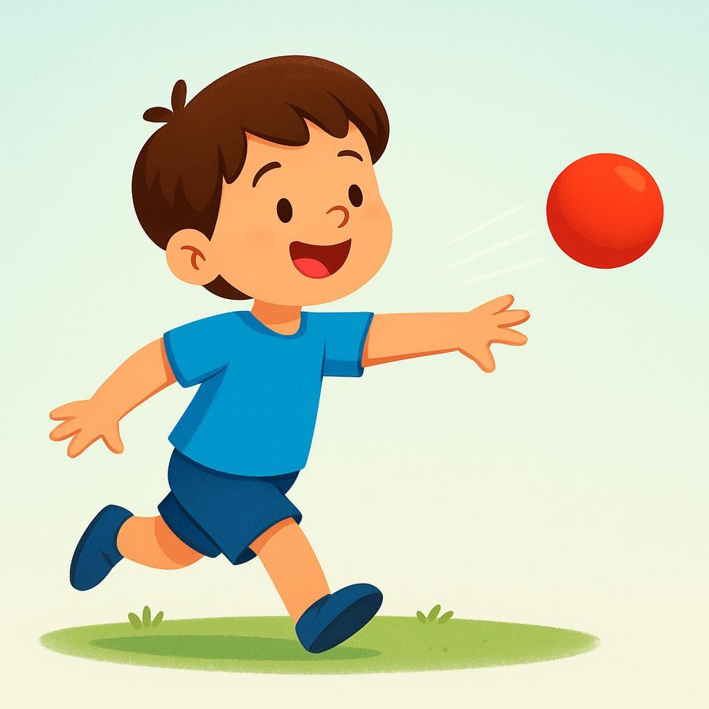 A simple illustration of a child vigorously throwing a bright red ball forward.