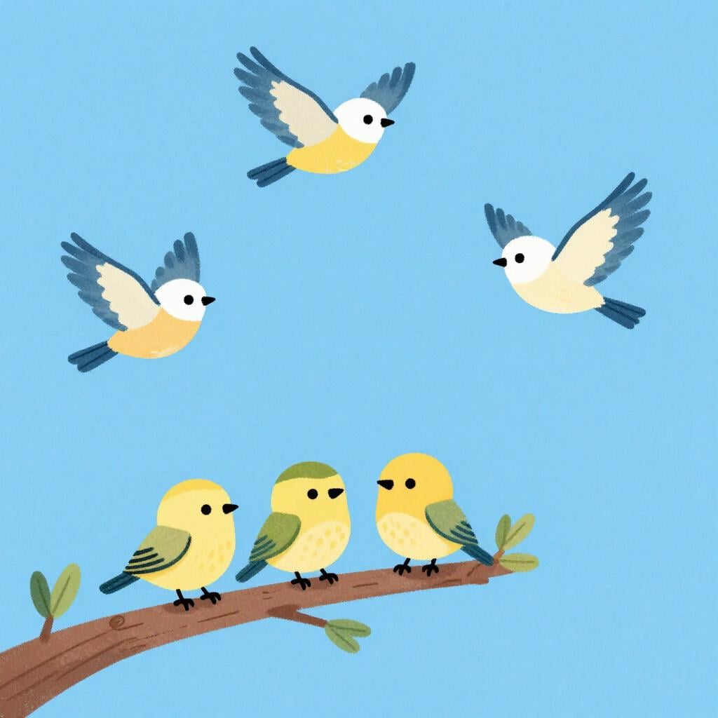 A group of small birds flying away in different directions from a single branch.