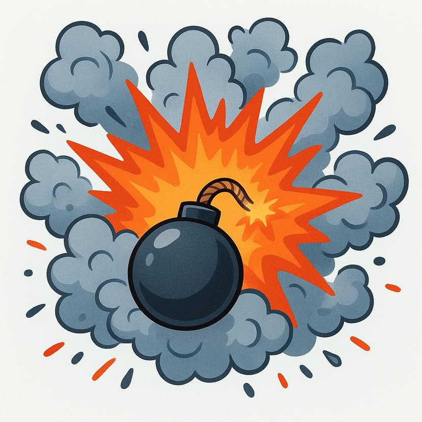 A cartoon bomb detonating, with bright orange and yellow flames erupting from the center and thick gray smoke rising, symbolizing a physical explosion.