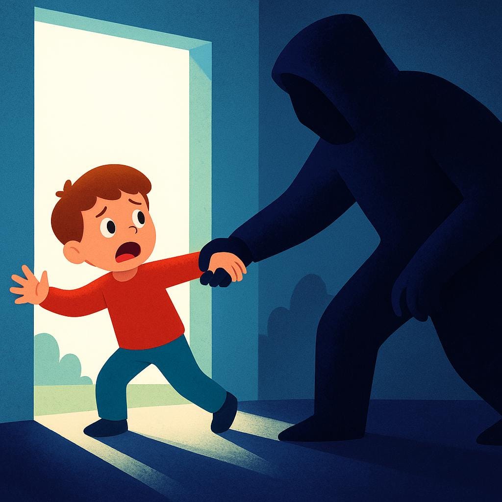 A large, shadowy figure is forcefully pulling a smaller, distressed person away from a brightly lit area into the darkness, illustrating abduction.