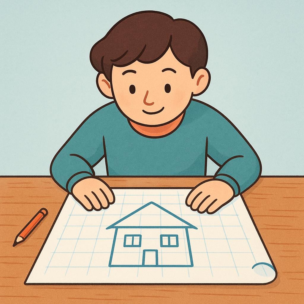 A friendly cartoon person sitting at a wooden table, carefully studying a simple rolled-out blueprint that outlines a small, planned house. A pencil rests nearby.