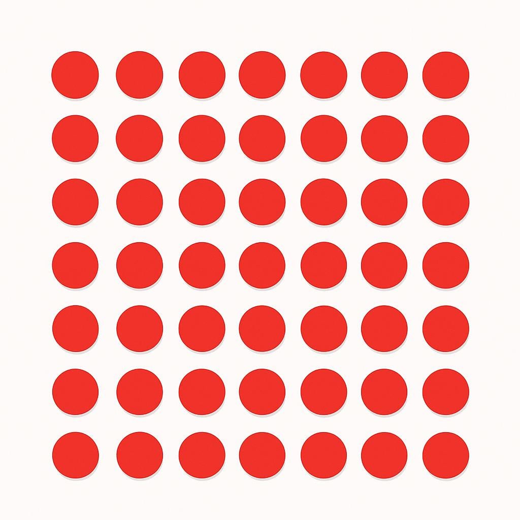A collection of exactly forty simple red circles arranged clearly on a white background, representing the numerical value of forty.