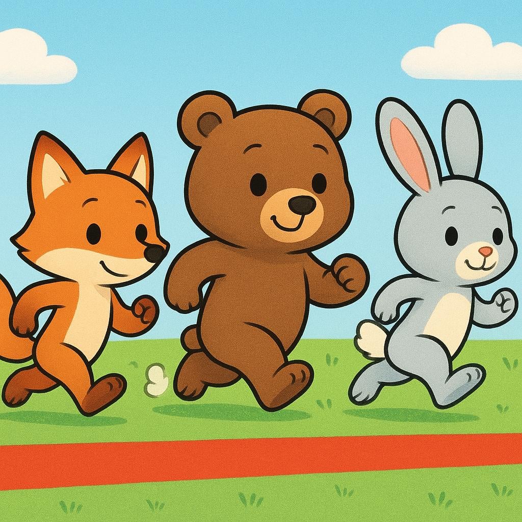 A high quality storybook illustration showing three cartoon animals, a fox, a bear, and a rabbit, standing side-by-side at a bright red starting line on a green field, all taking their first step forward simultaneously.