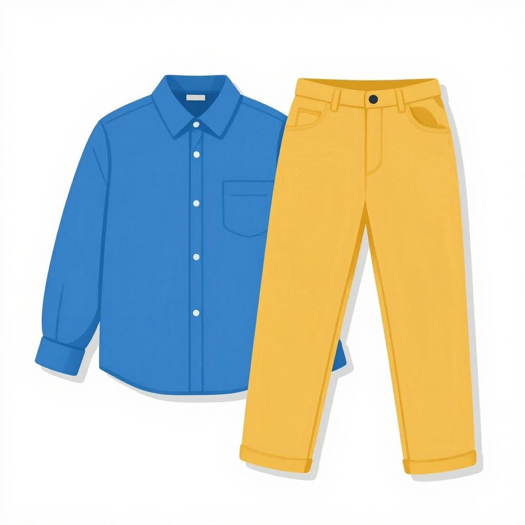 Een blauw shirt en een gele broek netjes naast elkaar gelegd.