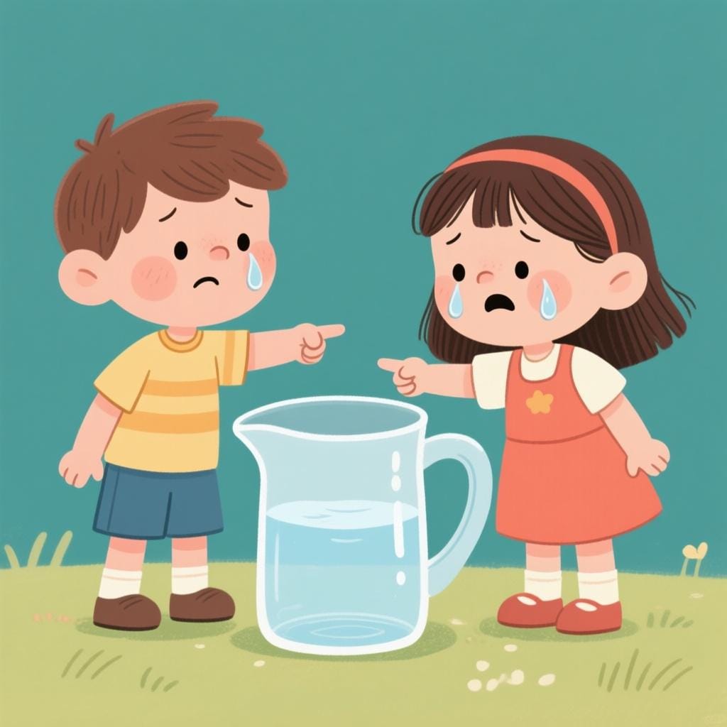 A simple illustration showing two small characters, a boy and a girl, standing next to a large, completely empty water pitcher, symbolizing the phrase 'we need'.