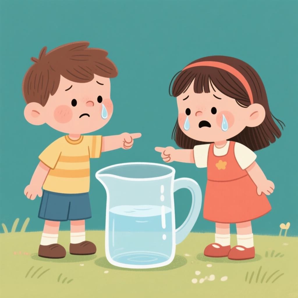 A simple illustration showing two small characters, a boy and a girl, standing next to a large, completely empty water pitcher, symbolizing the phrase 'we need'.