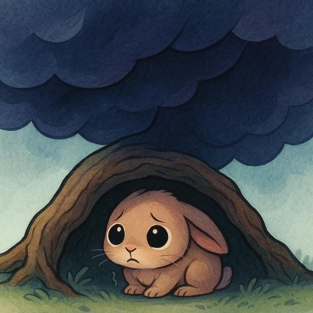 A small, terrified rabbit is crouching beneath a tree root, looking up anxiously at a massive, dark, stylized storm cloud hovering above.