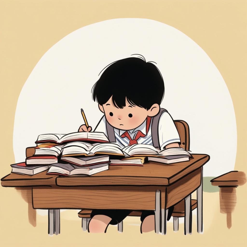 多くの開いた本や書類が置かれた木の机に座っている若い学生が、集中的に勉強しており、長い時間の努力を示唆している。