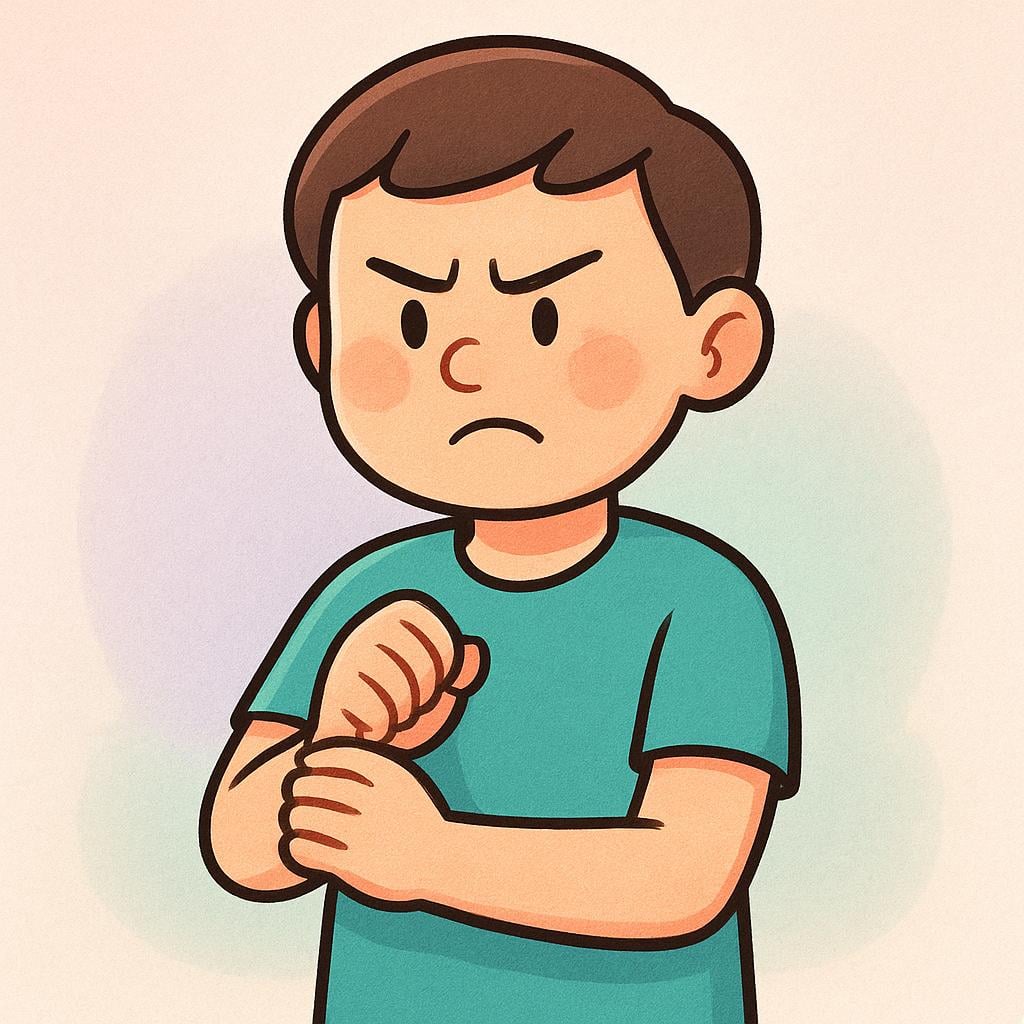 A cartoon character with a frustrated expression tightly gripping their own wrist with their opposite hand, demonstrating self-restraint.