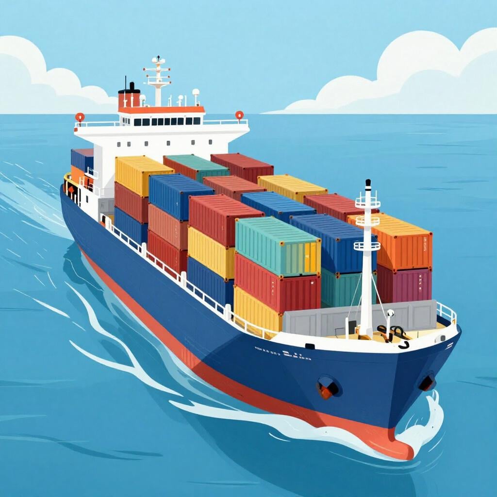 Um grande navio cargueiro carregado com contêineres coloridos navegando no oceano em direção ao horizonte.