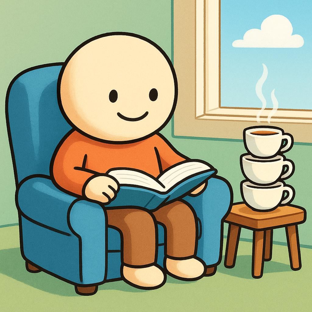 A friendly character sitting in a blue armchair next to a sunny window, holding an open book. On a small wooden side table, three identical, steaming cups of tea are stacked neatly, symbolizing a daily routine.
