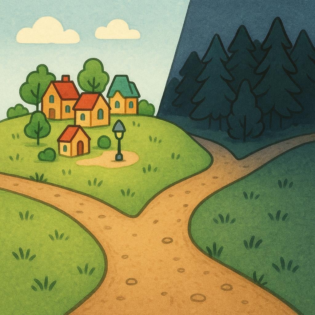 A dirt path splits into two distinct directions. One path leads towards a miniature, sunny cityscape, while the other leads towards a miniature, dark forest, symbolizing diverging possibilities.