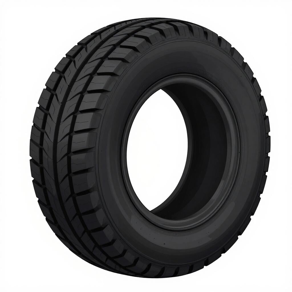 A black rubber car tire standing upright on a clean surface.