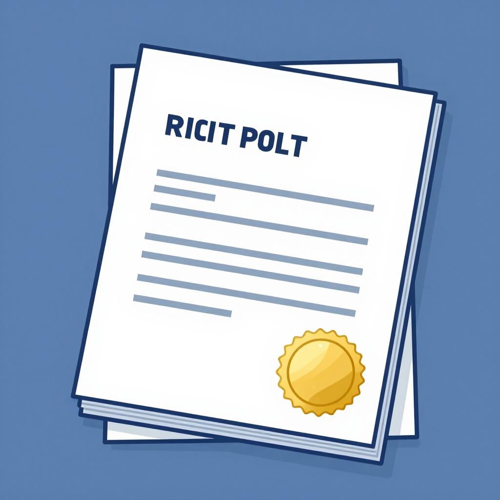 A stack of official-looking paper documents with a gold seal on a blue background.