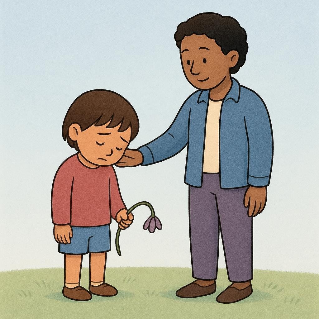 A small child standing next to an adult, holding a wilted flower and looking down remorsefully, symbolizing an apology.