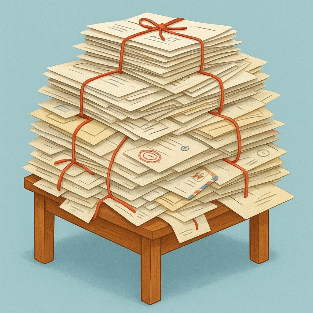A massive, overwhelming stack of official-looking white and beige documents tied with red string, towering over a small wooden desk, illustrating the burden of administrative tasks.
