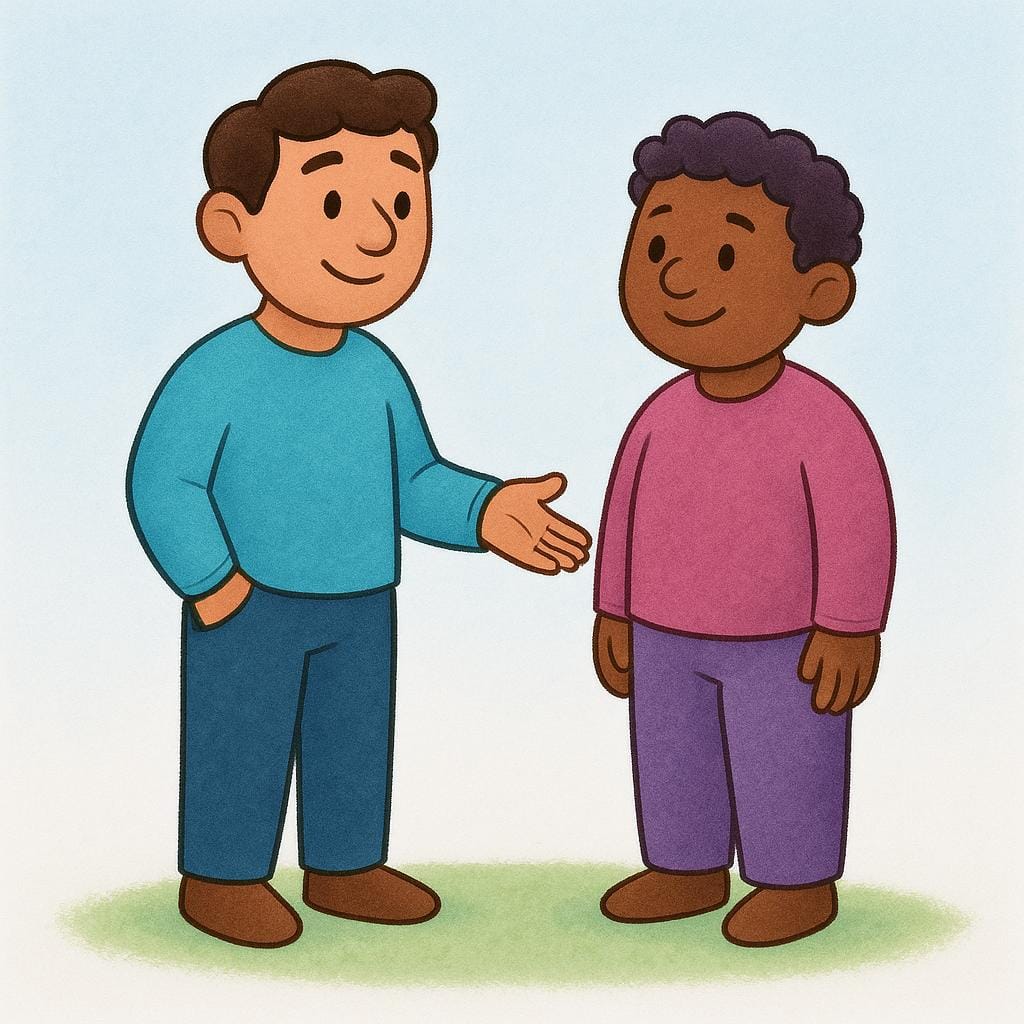 Two friendly characters standing together. One character extends an open, welcoming hand to the other, symbolizing forgiveness and reconciliation.