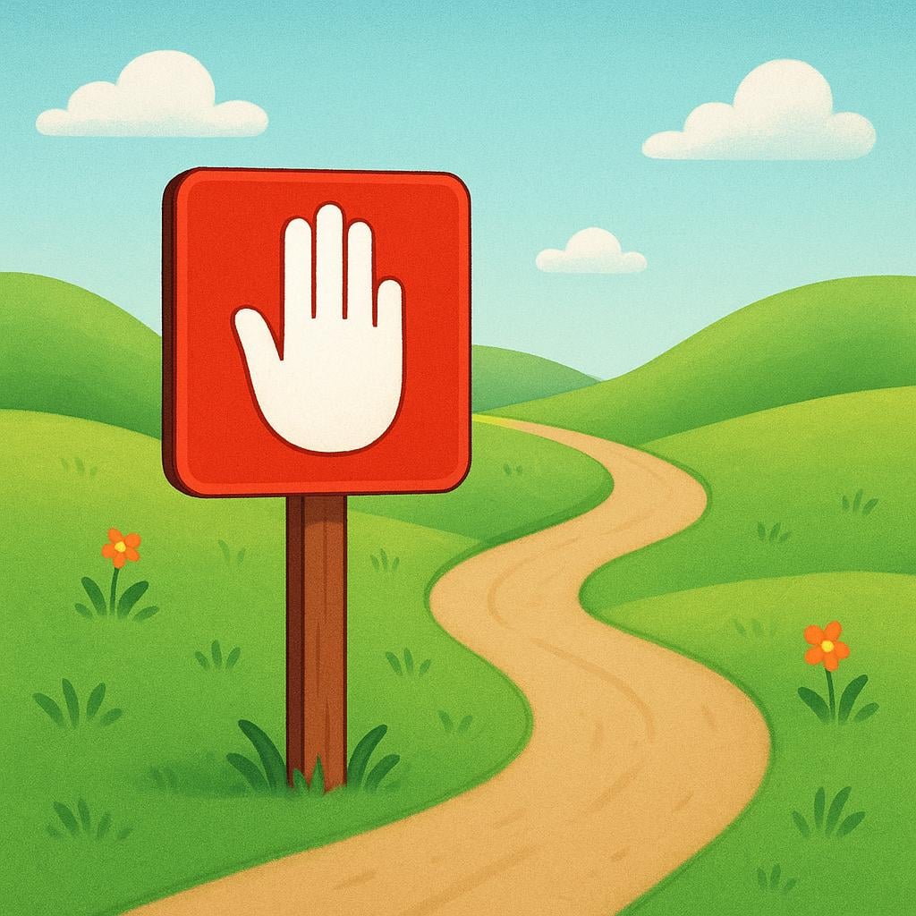 A simple red warning signpost featuring a large, iconic white hand held up, indicating a prohibition or warning on a pathway.