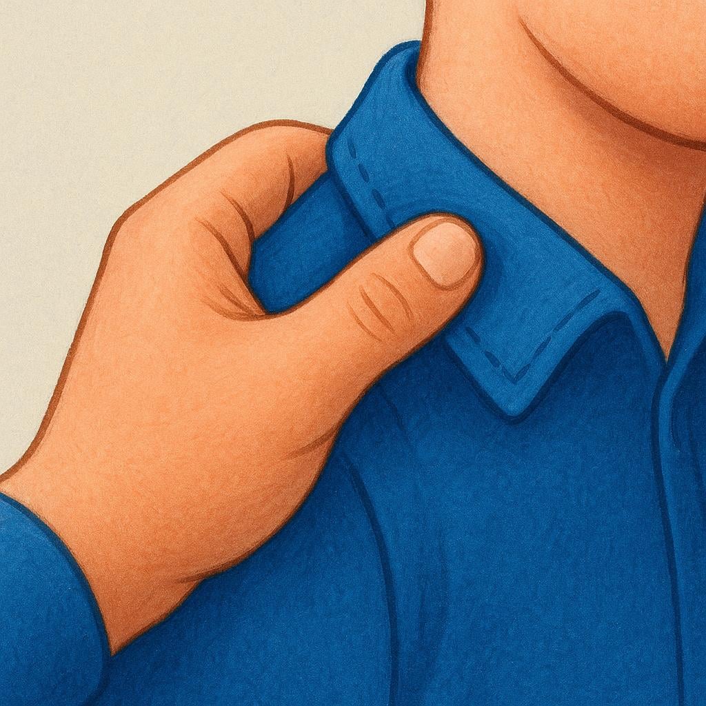 A close-up view showing a hand firmly grabbing the fabric collar of a person's blue shirt.
