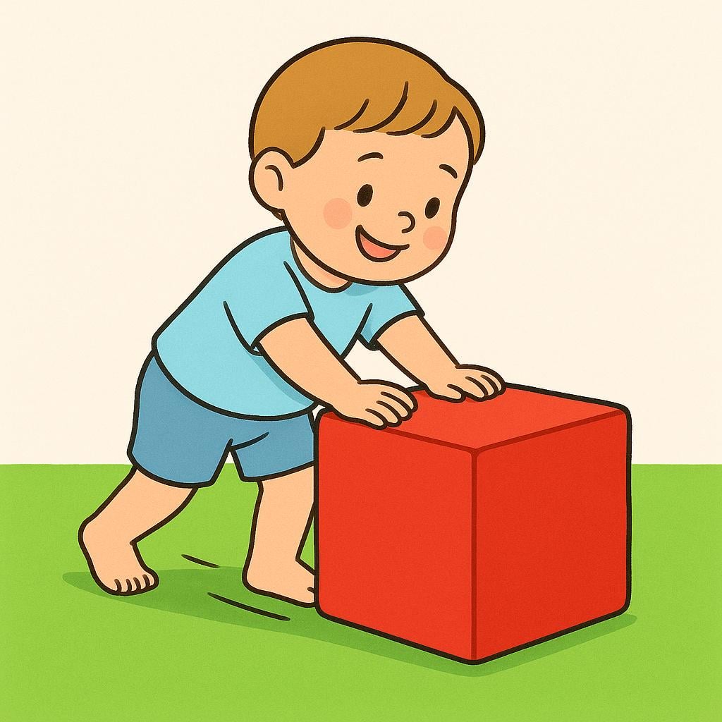 A small child pushing a large red toy block across a bright green floor, illustrating movement.