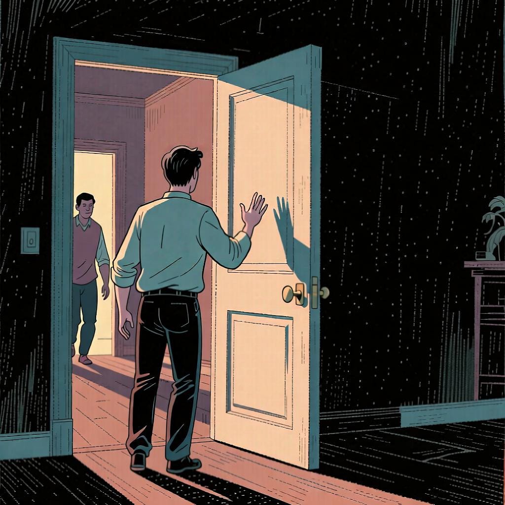 One person standing by an open door, gesturing with their hand for a friend to follow them out.