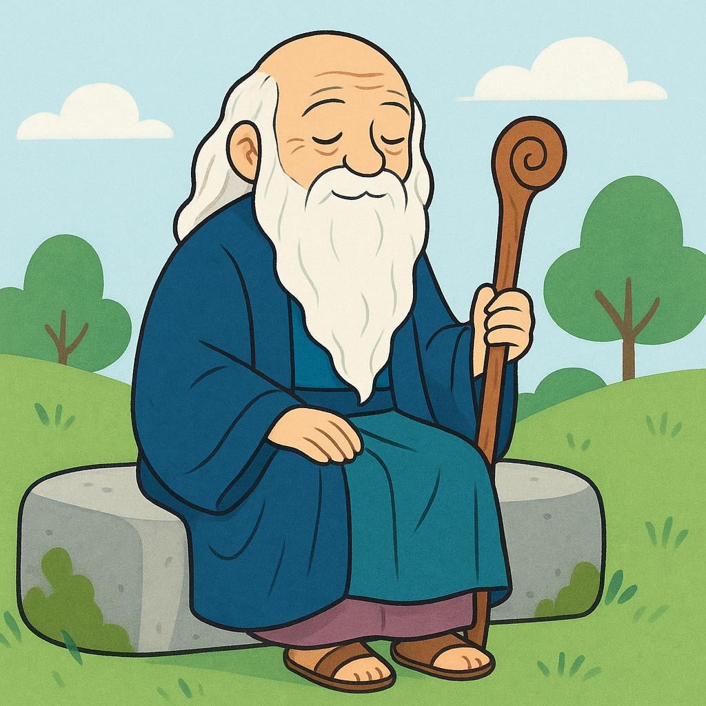 An illustration of an elderly, wise figure with a long white beard, sitting calmly and holding a simple wooden staff, symbolizing deep respect and wisdom.