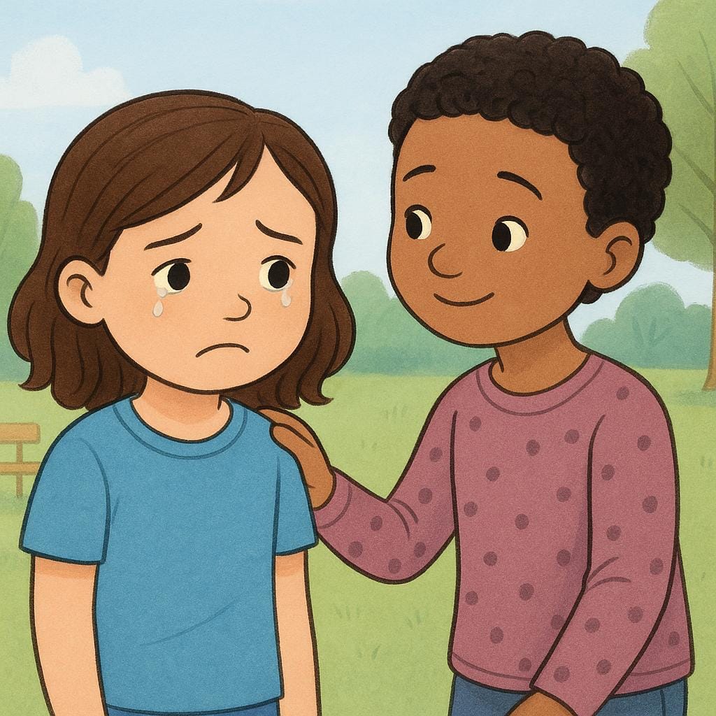 Uma ilustração simples de livro de histórias mostrando duas crianças. Uma criança tem uma expressão ligeiramente angustiada. A segunda criança coloca gentilmente uma mão no ombro da primeira criança em um gesto de sincera simpatia.