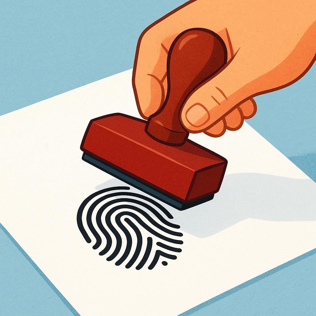 An image of a large official stamp pressing down onto paper, leaving a black fingerprint icon, symbolizing a criminal record.
