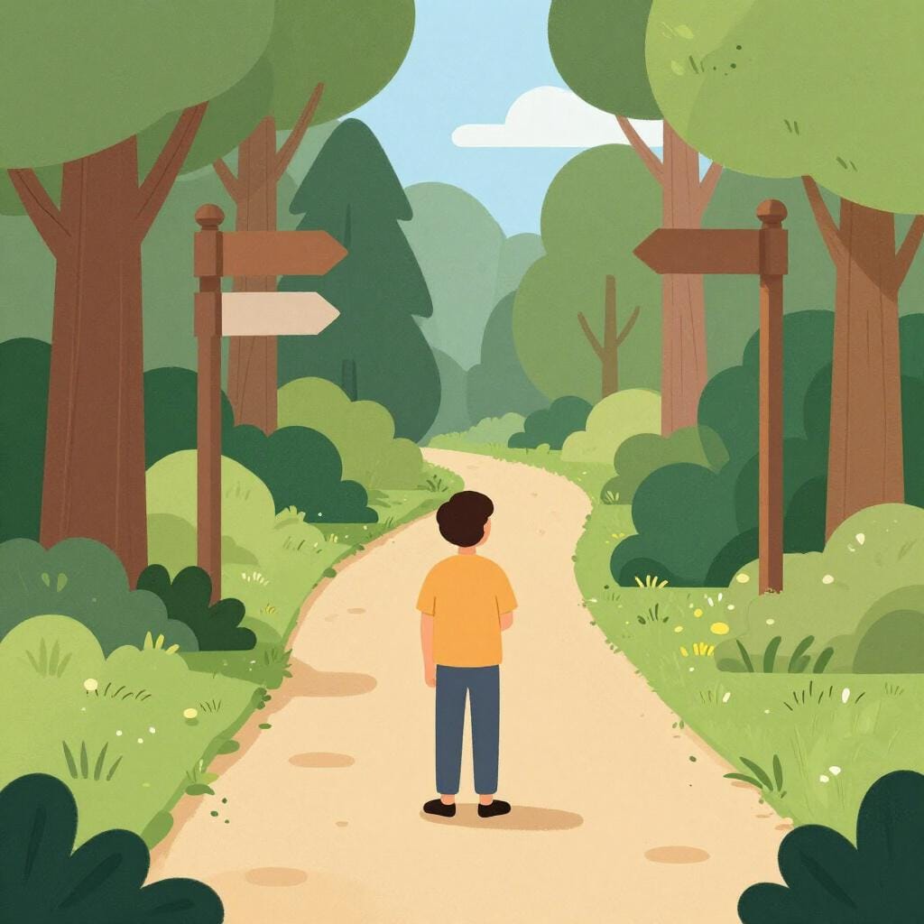 A hiker looking at two different paths leading up a mountain, deciding which one to take.