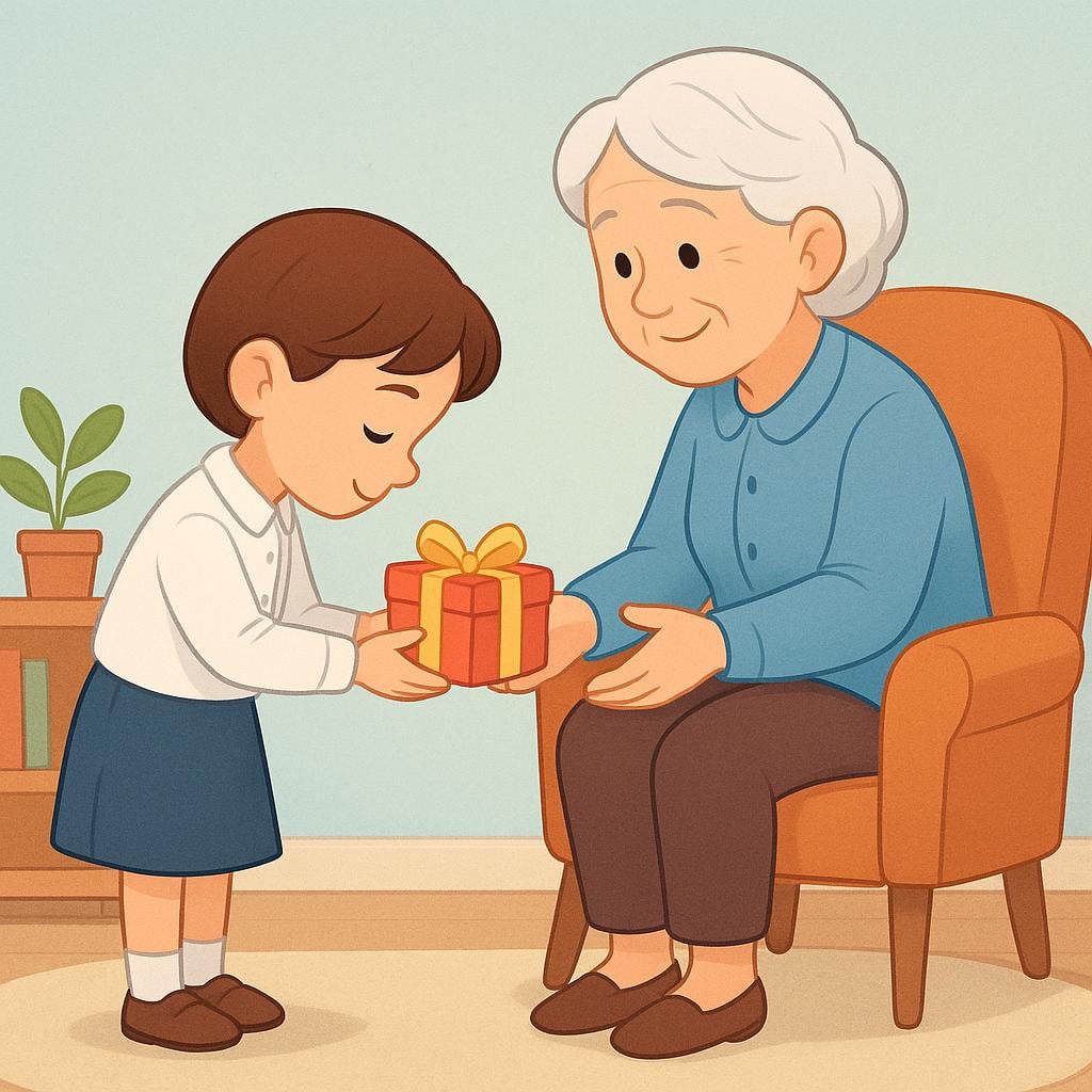 A young child carefully bowing slightly while offering a wrapped gift box with both hands to an older, smiling adult, symbolizing due respect.