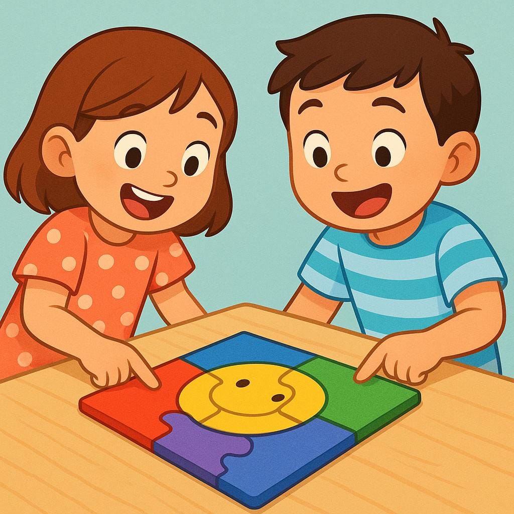 Dois personagens parecendo satisfeitos e apontando para a peça final de um quebra-cabeça pequeno e colorido que acabaram de montar.