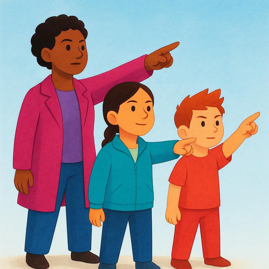 A simple storybook illustration showing three distinct, brightly colored figures standing side-by-side, all pointing forward with determination.