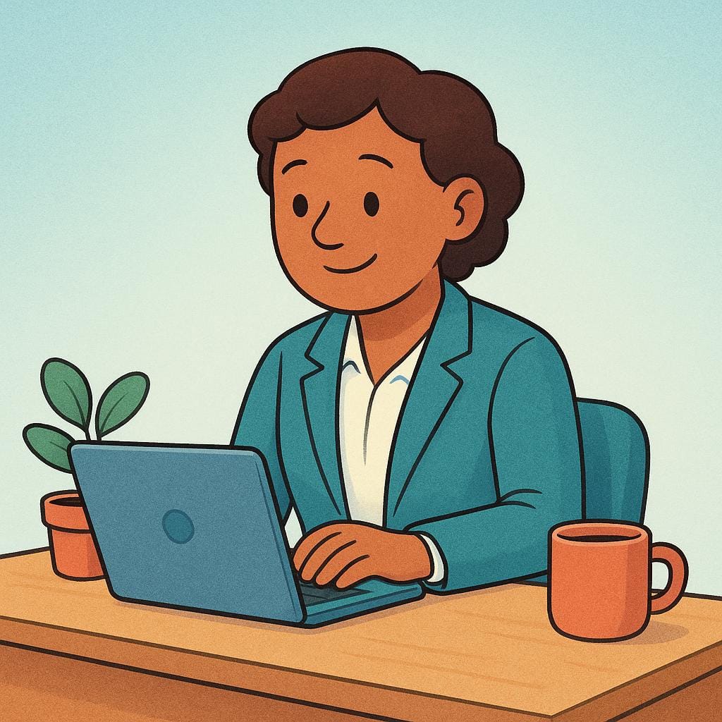 A person with a friendly expression sitting at a simple wooden desk, actively typing on a laptop, representing a worker earning wages.