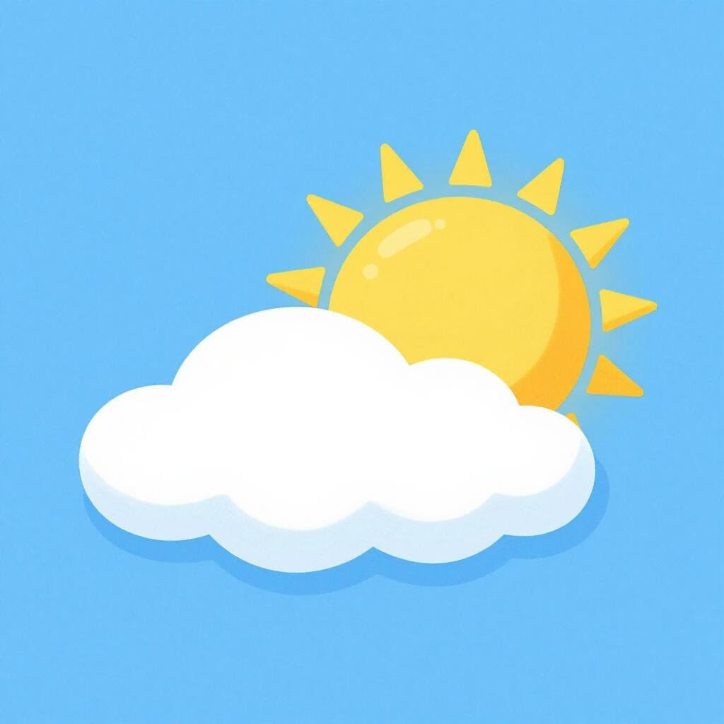 Eine Sonne, teilweise verdeckt von einer flauschigen weißen Wolke vor einem strahlend blauen Himmel.