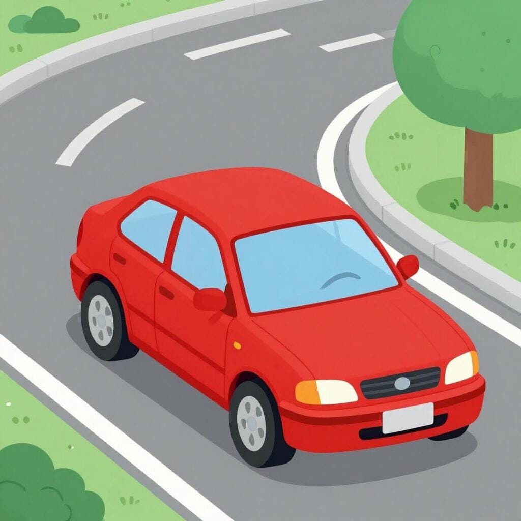 Ein rotes Auto, das an einer Ecke in eine andere Straße abbiegt.