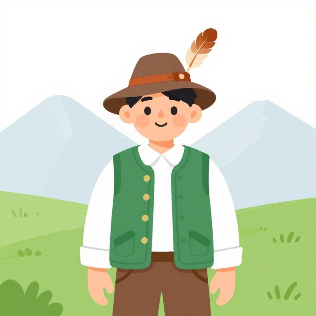 Een man die een traditionele Zwitserse hoed met een veer en een vest draagt, staand voor bergen.