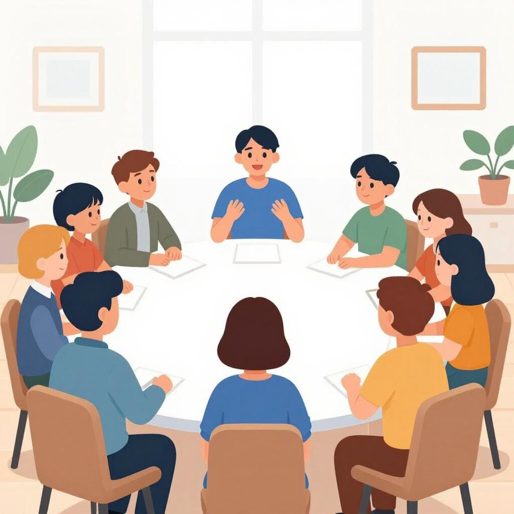 Een persoon die aan het hoofd van een lange houten tafel zit en een groep mensen leidt.