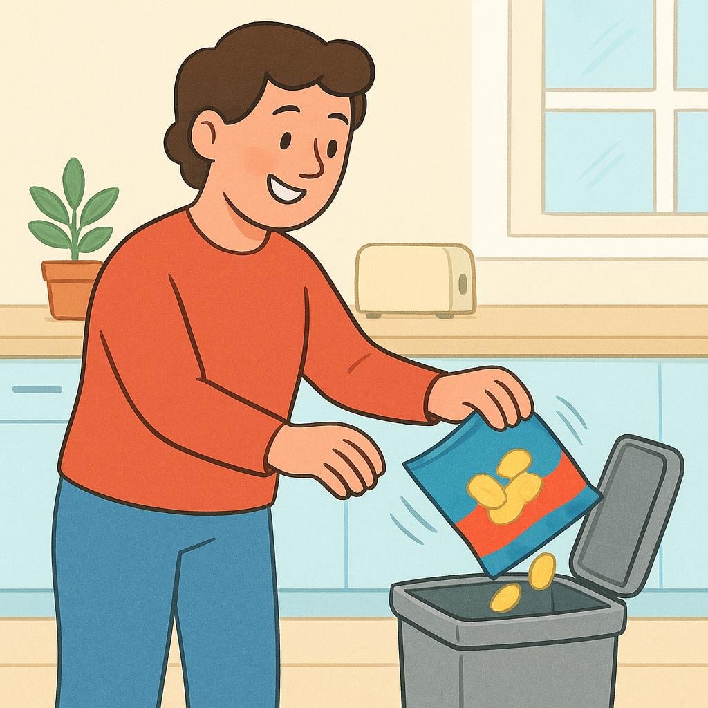 A person standing next to a waste bin, firmly dropping a half-eaten bag of potato chips into the bin, symbolizing stopping a habit.