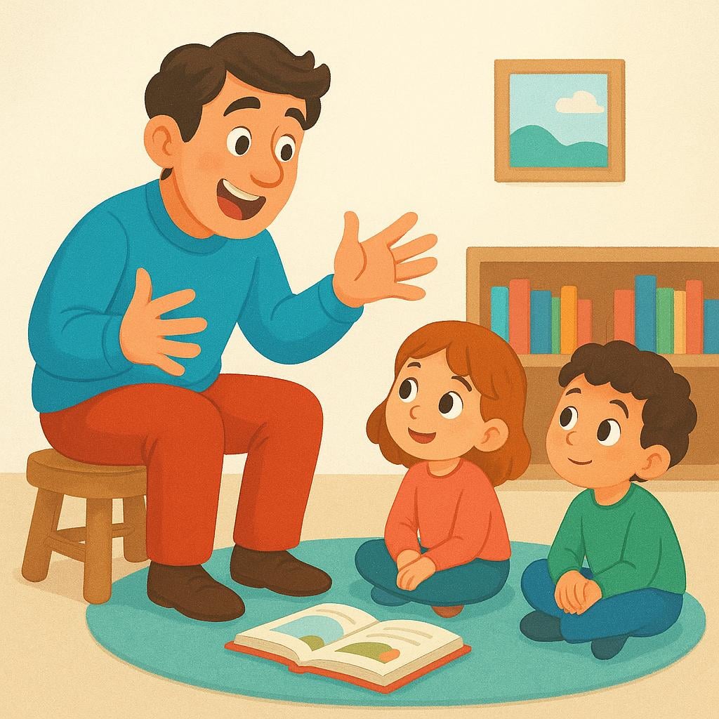 An adult sitting on a stool, enthusiastically recounting a story using expressive hand gestures, while two children sit on the floor listening intently.