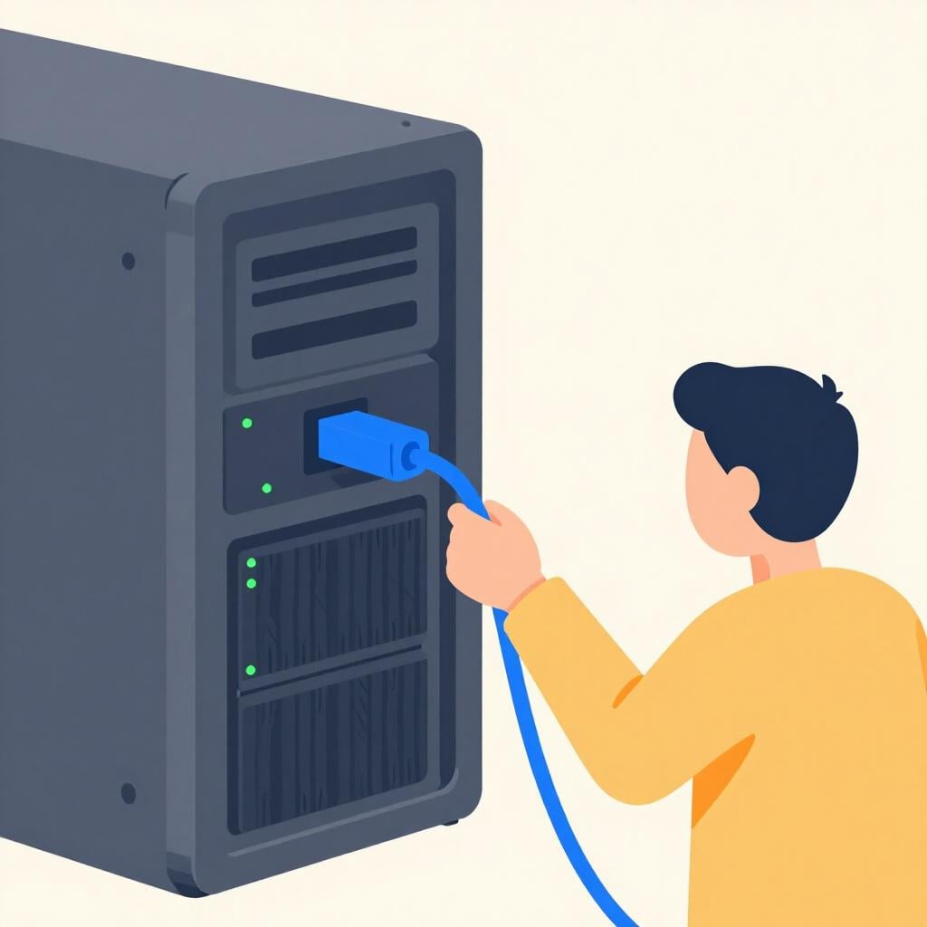 Eine Person, die ein buntes Kabel von einem Computer zu einer großen, leuchtenden Serverbox verbindet.