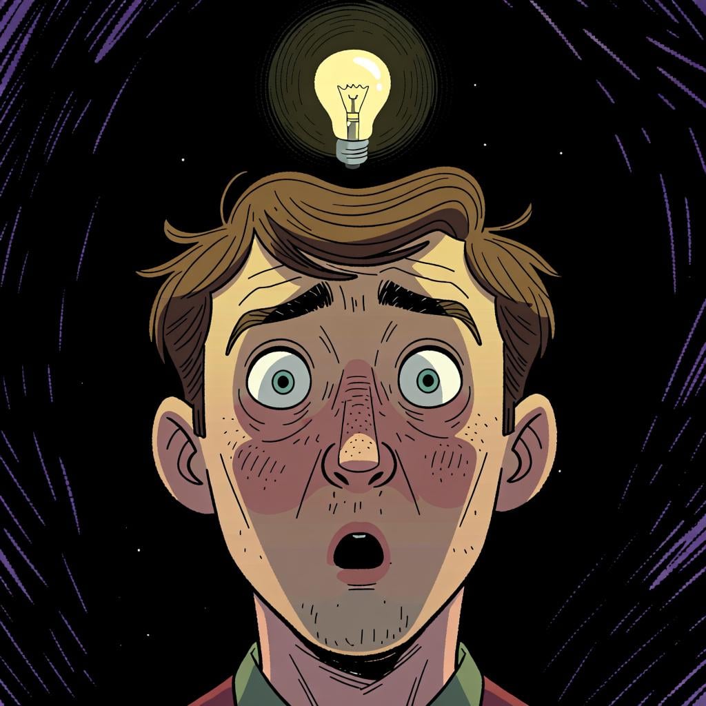 A person with wide eyes and an open mouth, showing a look of surprise and sudden understanding.