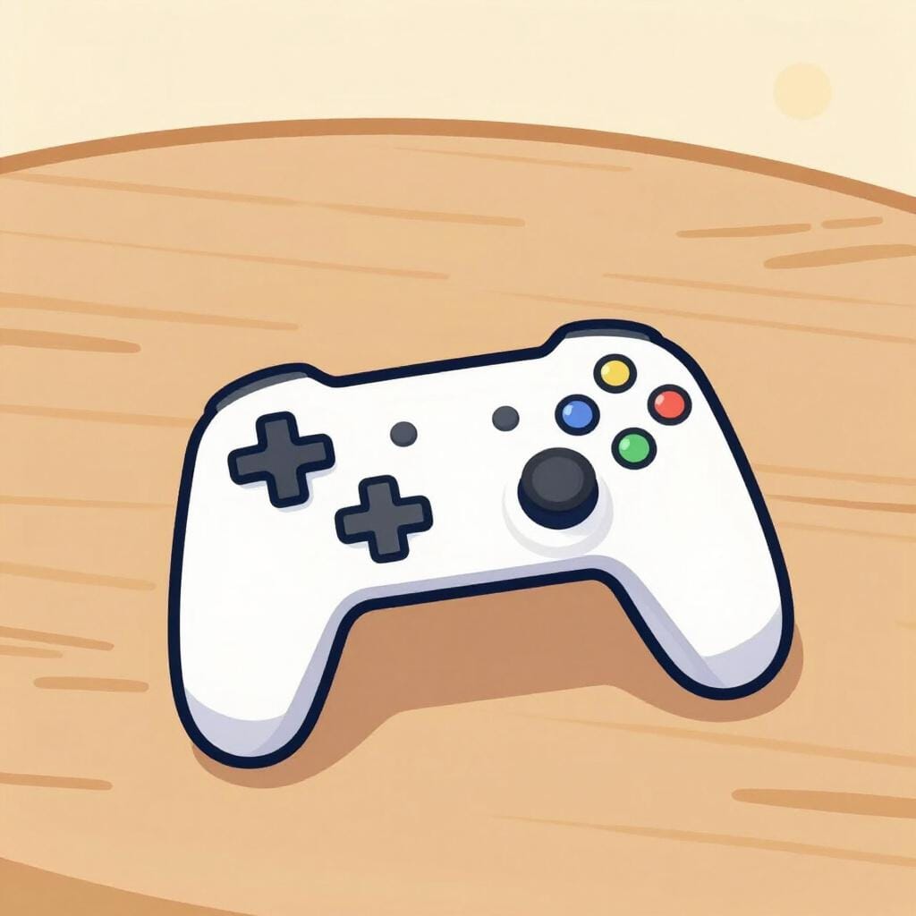 A video game controller resting on a wooden table with a paused screen effect in the background.