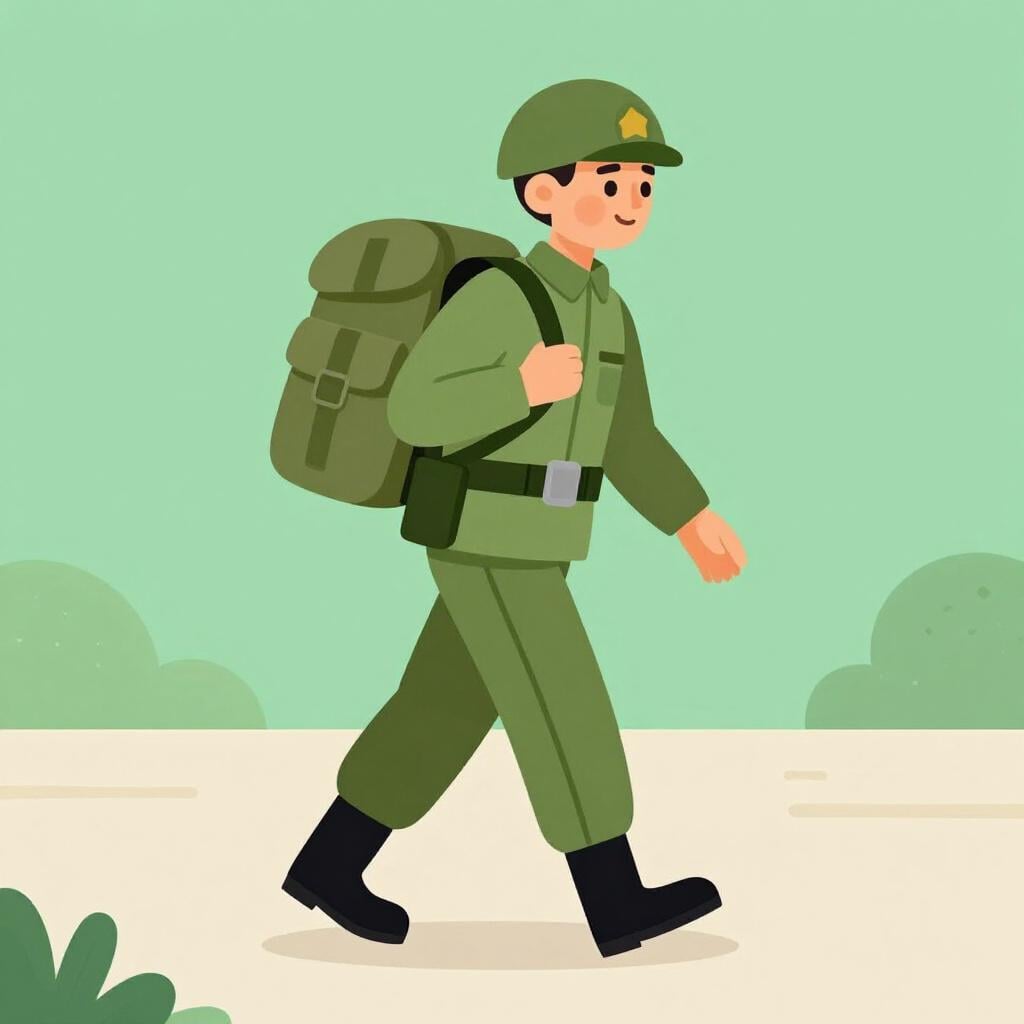 A soldier in a historical uniform walking on a dirt path, carrying a simple wooden staff.