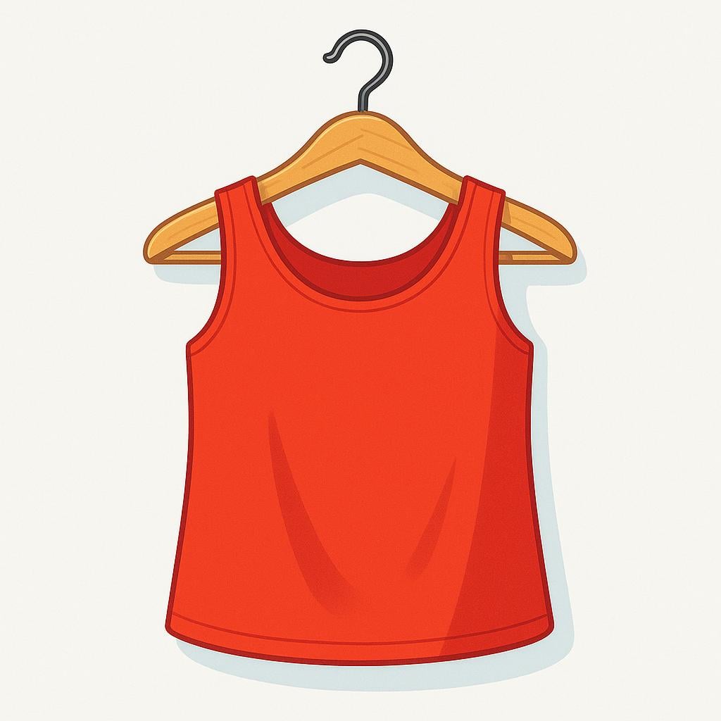 A bright red sleeveless tank top hanging on a simple wooden hanger, suggesting casual clothing.
