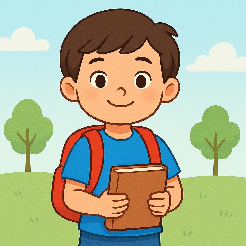 A simple colorful storybook illustration of a child wearing a backpack and holding a closed book, representing a student.