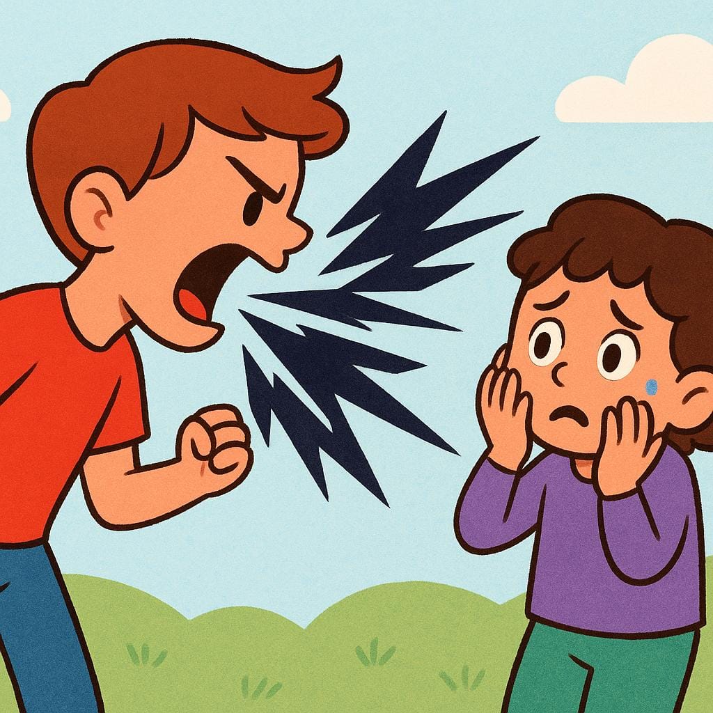 A storybook illustration depicting verbal abuse. One figure is yelling angrily at a second, distressed figure, with jagged, dark shapes coming from the speaker's mouth to symbolize harsh words.