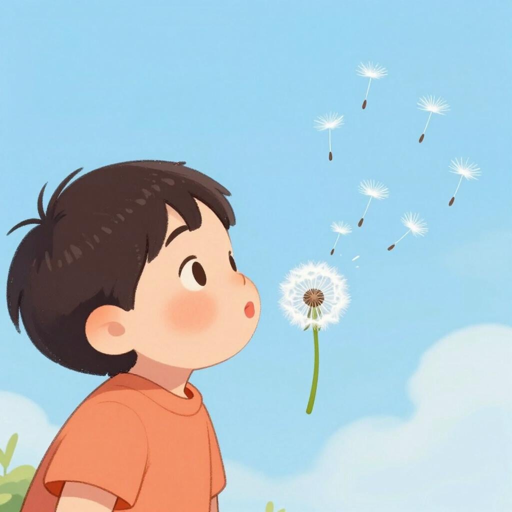 A child with puffed cheeks blowing on a fluffy dandelion seed head.