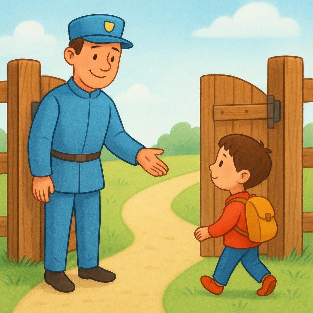 A friendly guard in uniform stands beside a wide-open wooden gate, gesturing with an open hand for a small child to walk through, symbolizing permission being granted.