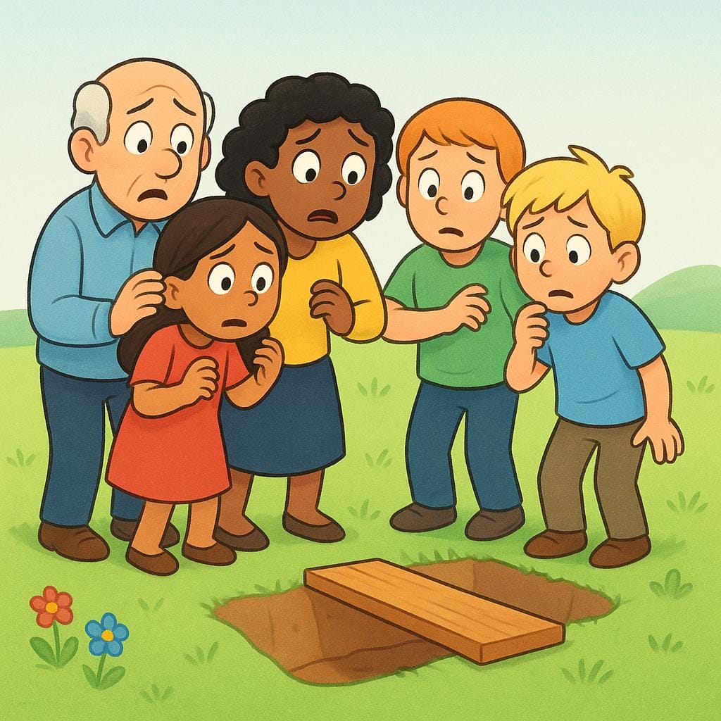 An illustration depicting five individuals standing frozen and anxious, refusing to walk across a small, easily manageable wooden plank over a tiny, shallow ditch, representing a group of cowards.